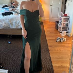 Lulus Off-Shoulder Formal Green Slit Gown